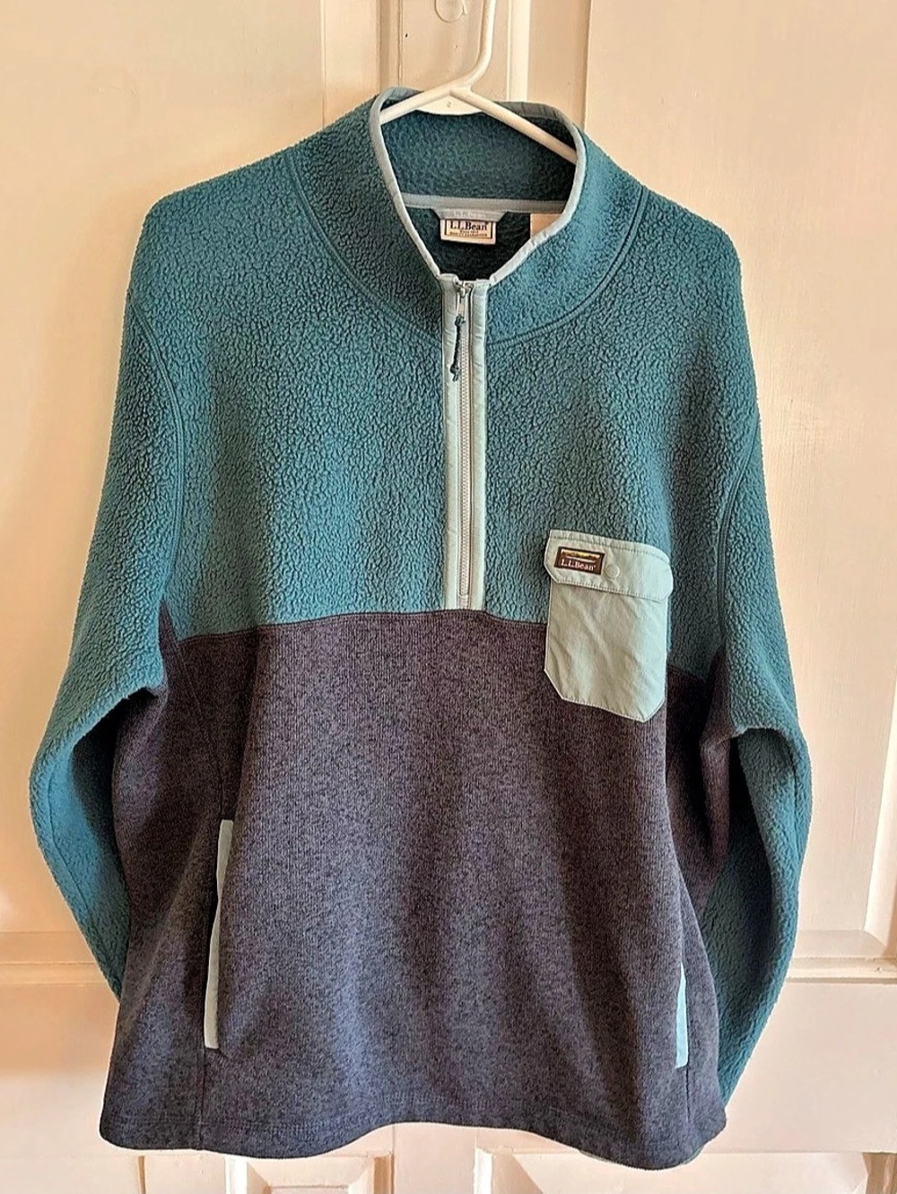 L.L.Bean Mens XL Sherpa Sweater Fleece Hybrid Pullover Quarter Zip Teal Gray